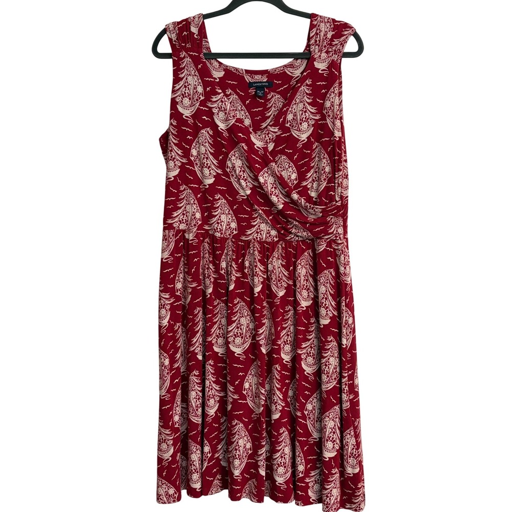Lands End Womens XL Red Sailboat Print Surplice Sleeveless Knit Dress Petite 18